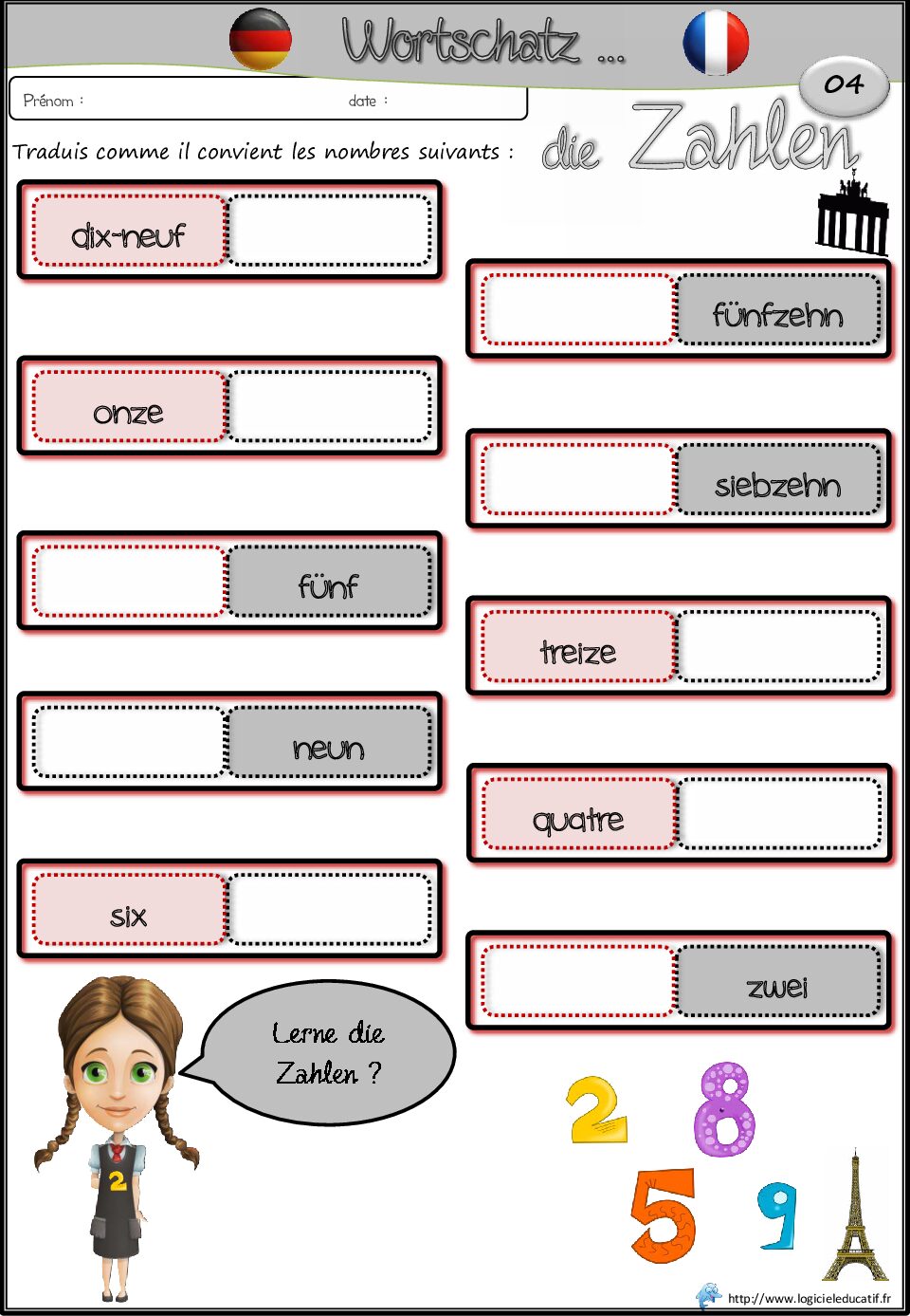 بطاقات لغة ألمانية Les nombres 04