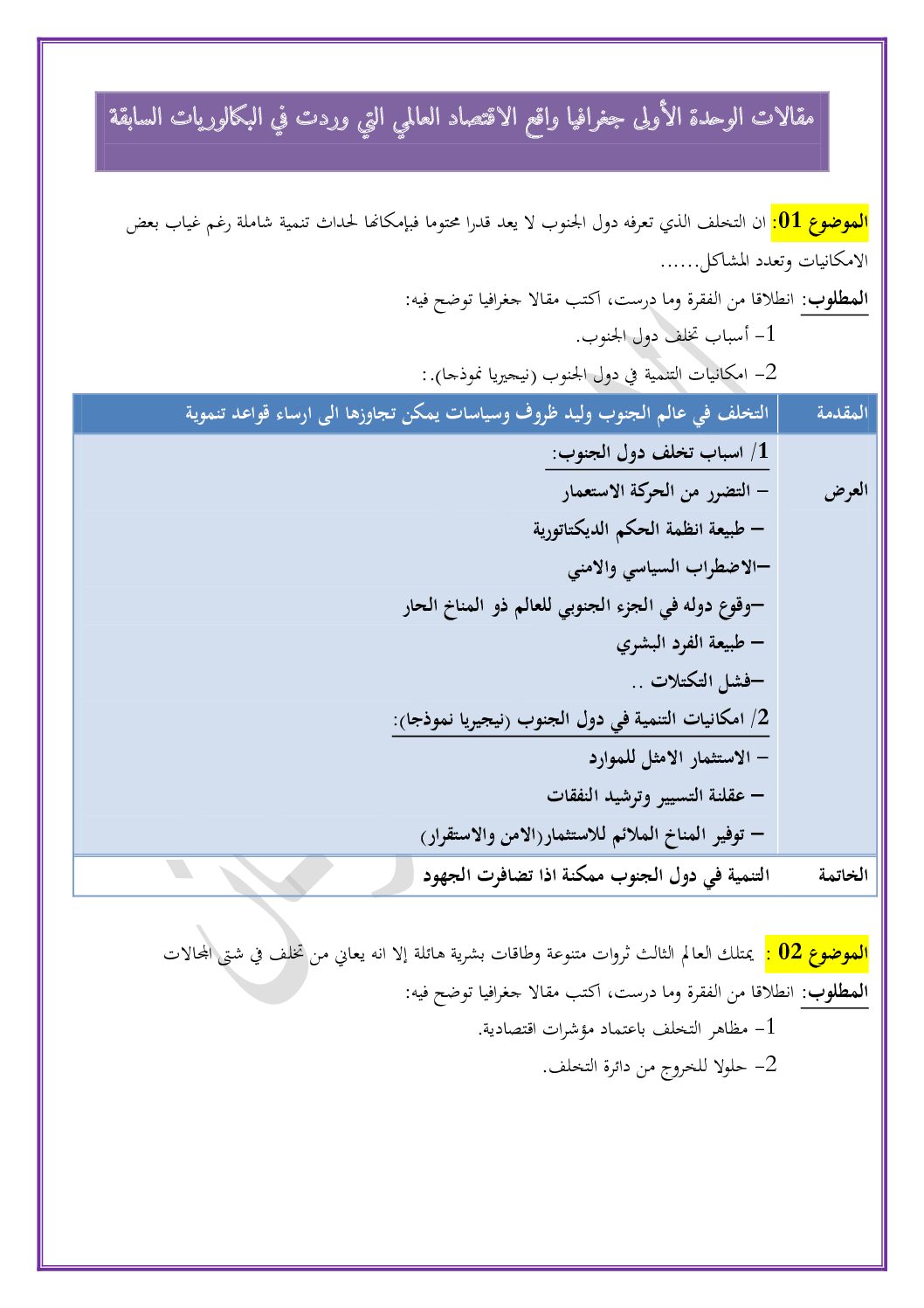تجميعية مقالات البكالوريات السابقة حول واقع الاقتصاد العالمي للاستاذ بورنان 3 ثانوي