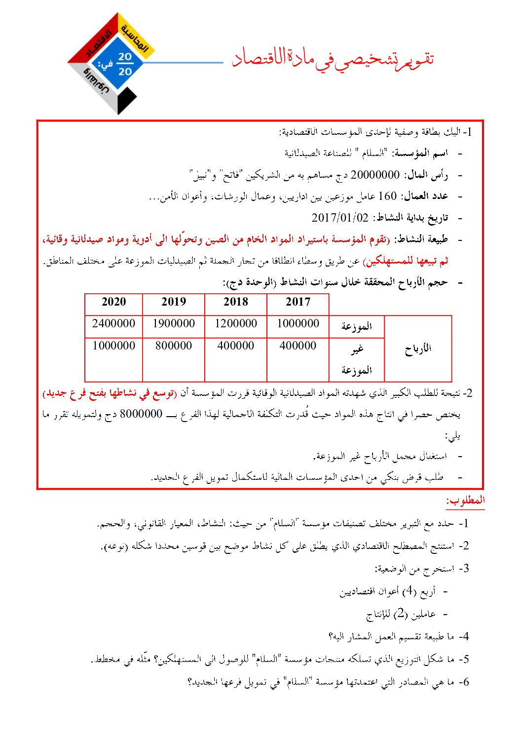 تقويم تشخيصي في مادة الاقتصاد و المناجمنت للأستاذ الياس بلقاسم 3 ثانوي