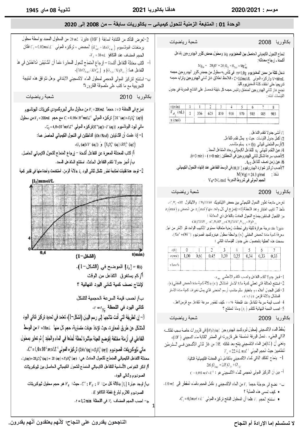 تمارين المتابعة الزمنية لتحول كميائي في البكالورياة السابقة شعبة رياضيات 3 ثانوي