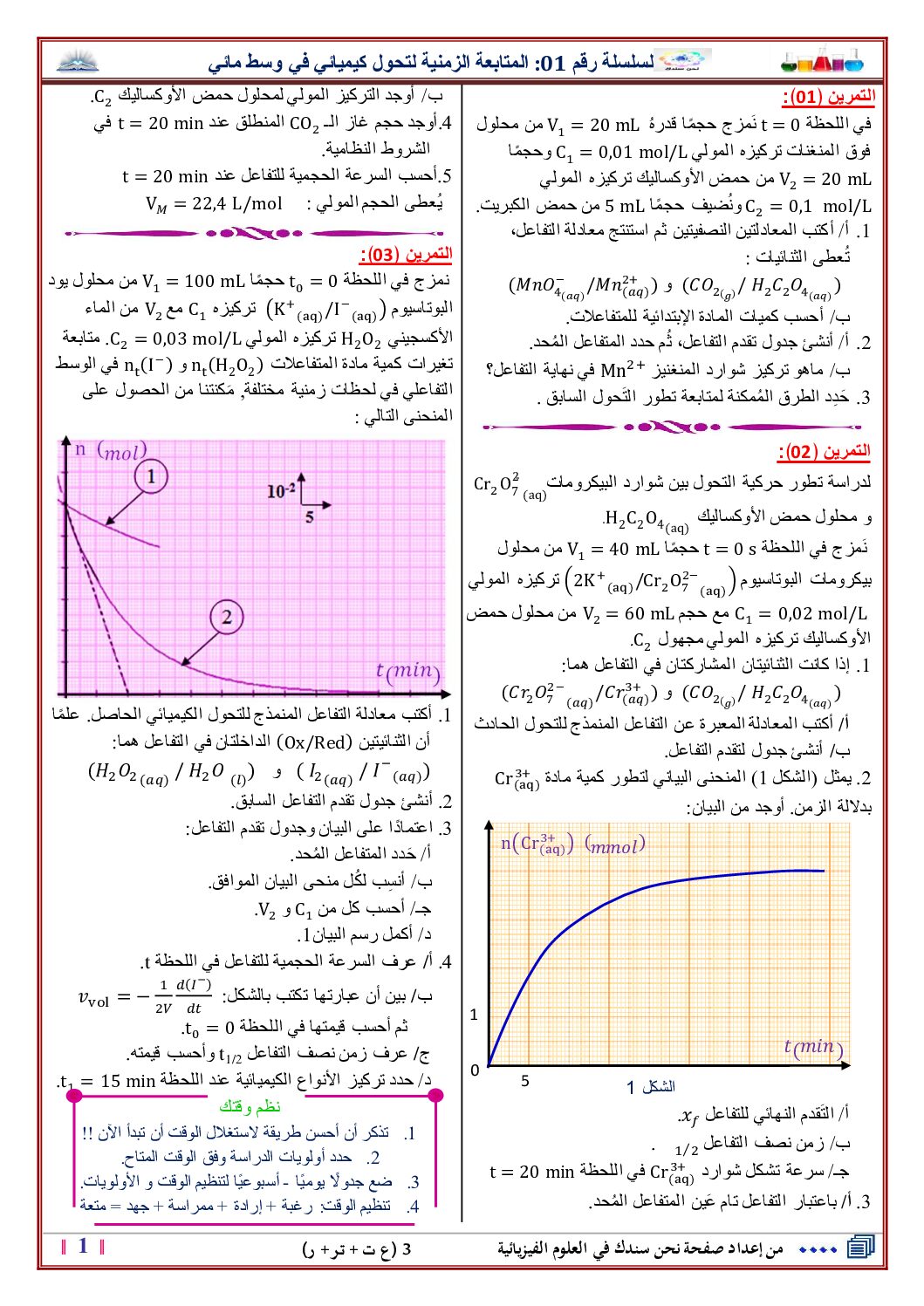 تمارين الوحدة الاولى من إعداد صفحة نحن سندك في العلوم الفيزيائية 3 ثانوي