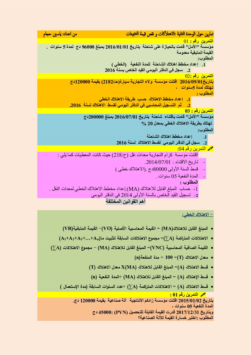 تمارين حول الاهتلاكات و نقص قيمة التثبيتات في المحاسبة للاستاذ ياسين حجام 3 ثانوي