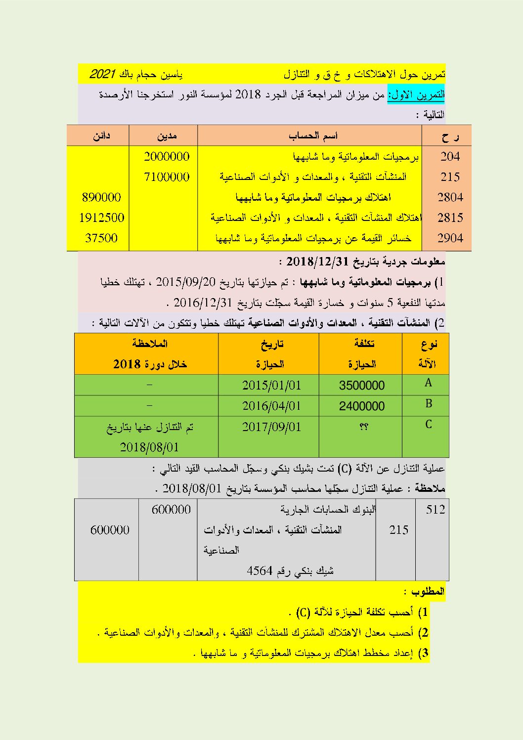 تمارين مع الحل في الوحدة 2 و 3 و 4 في مادة المحاسبة للاستاذ ياسين حجام 3 ثانوي