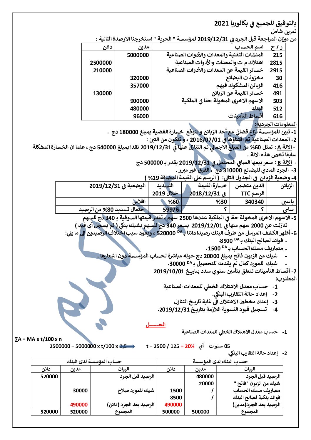 تمرين أعمال نهاية السنة مع الحل النموذجي في المحاسبة للأستاذ حملة عبد الكريم 3 ثانوي