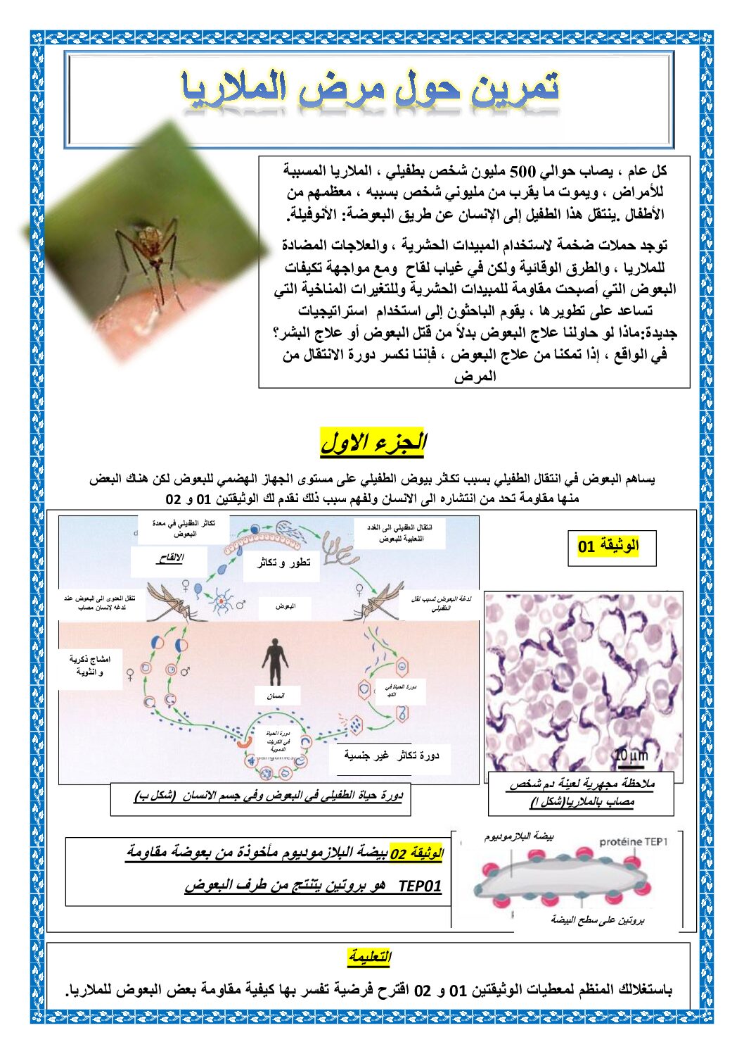 تمرين حول مرض الملاريا في مادة العلوم الطبيعية للأستاذة بلمان منيرة 3 ثانوي