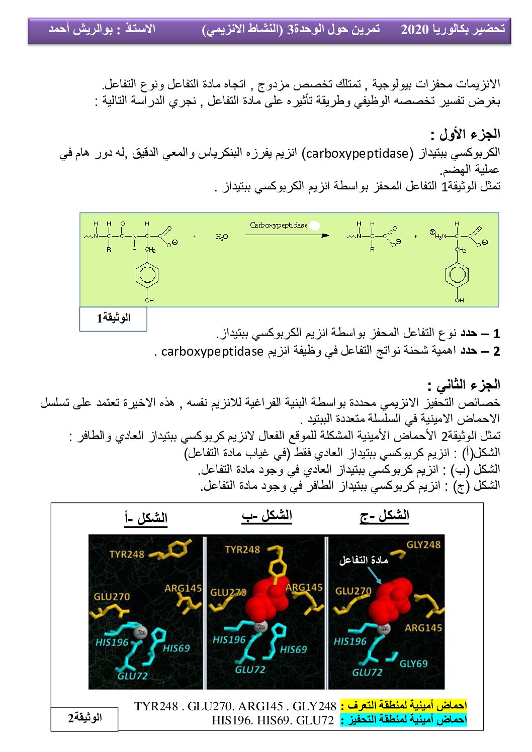تمرين حول وحدة النشاط الانزيمي في مادة العلوم الطبيعية للأستاذ بوالريش أحمد 3 ثانوي