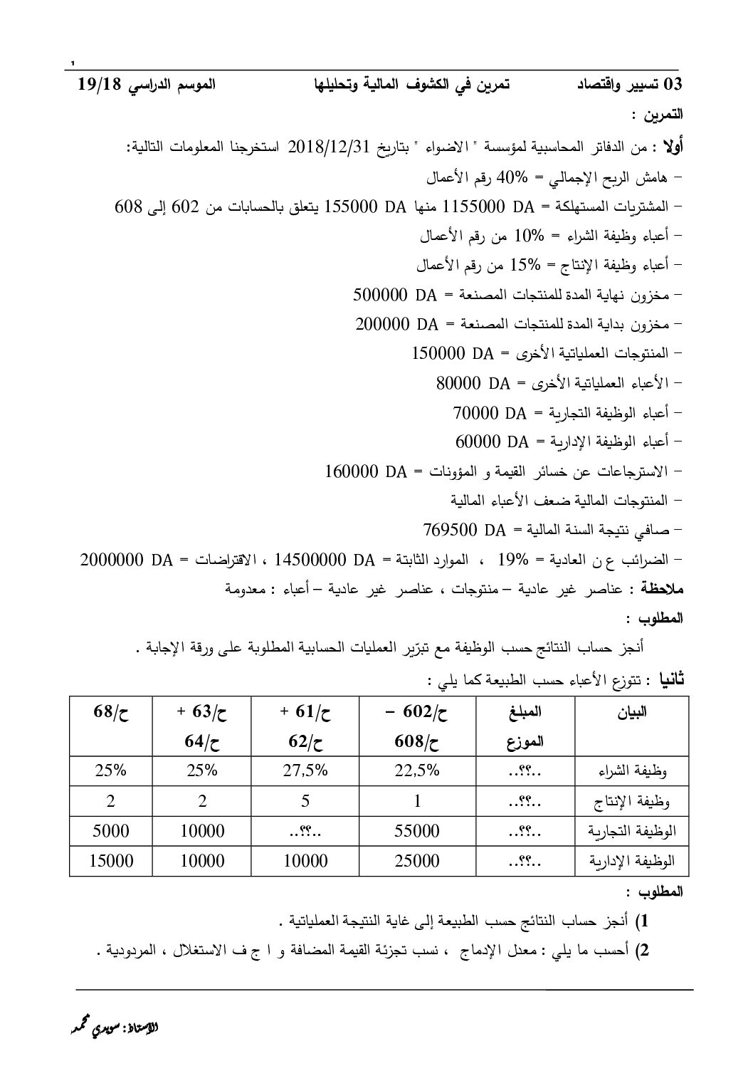 تمرين في الكشوف المالية وتحليلها مع التصحيح في مادة المحاسبة 3 ثانوي