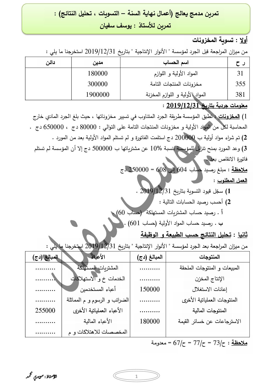 تمرين مدمج يعالج أعمال نهاية السنة التسويات وتحليل النتائج مع التصحيح 3 ثانوي