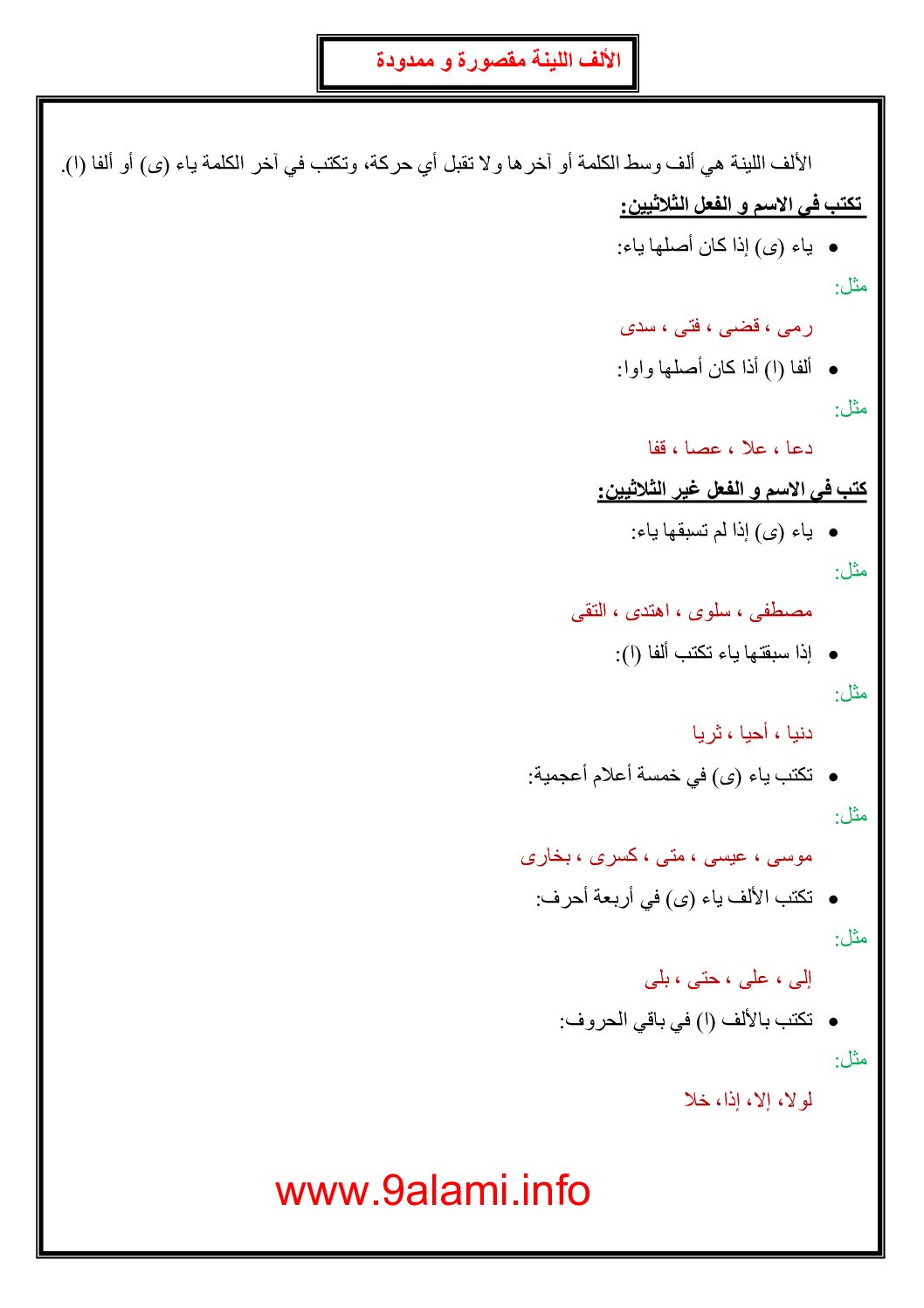 درس الإملاء الألف اللينة مقصورة وممدودة