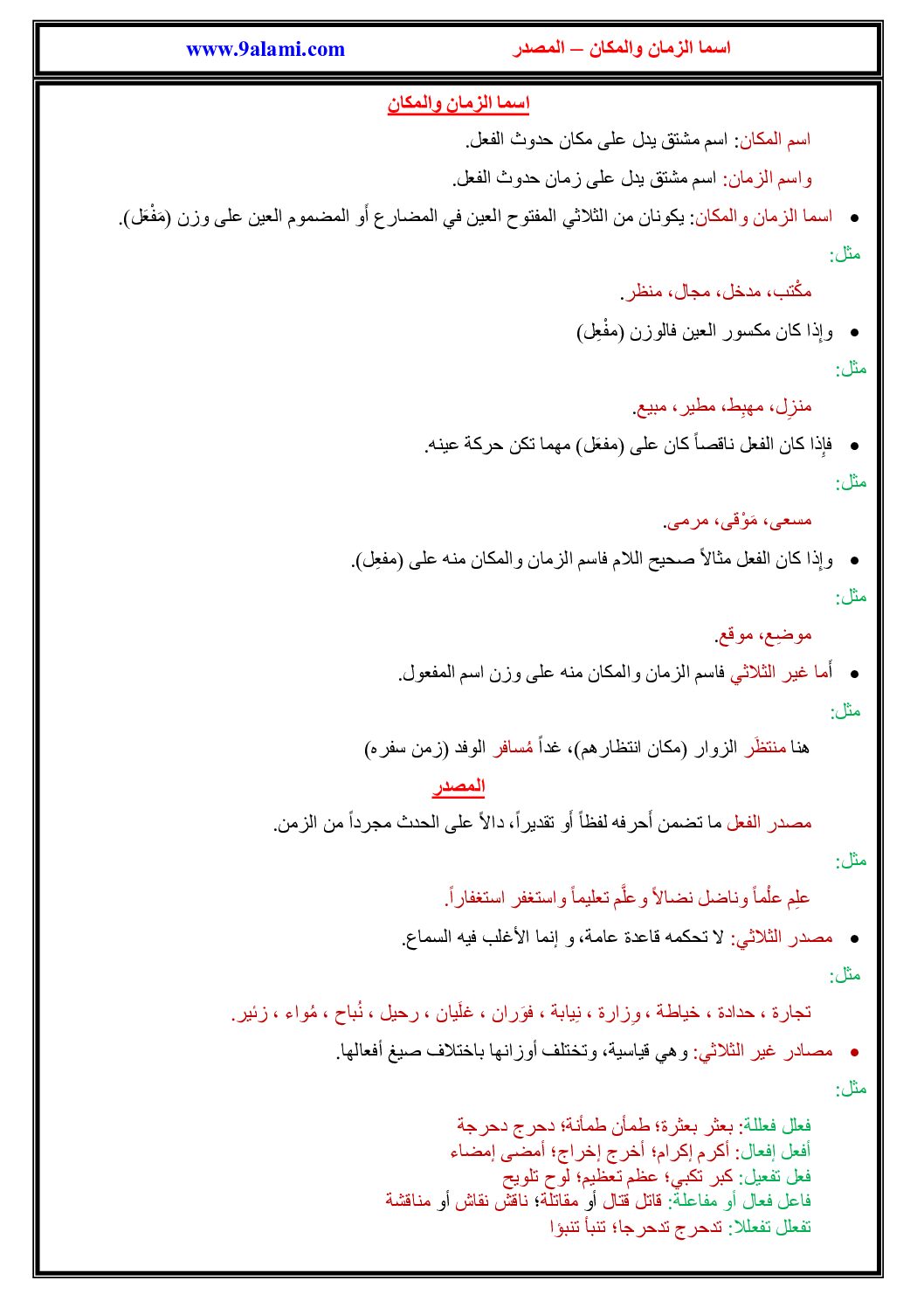 درس الصرف والتحويل اسما الزمان والمكان