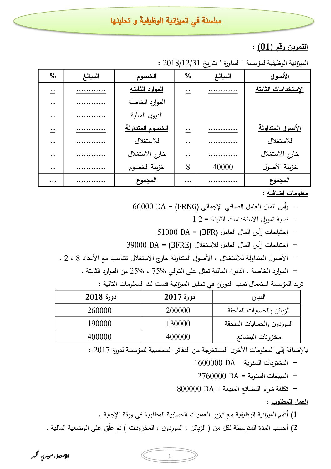 سلسلة الميزانية الوظيفية و تحليلها في المحاسبة للاستاذ محمد سويدي 3 ثانوي