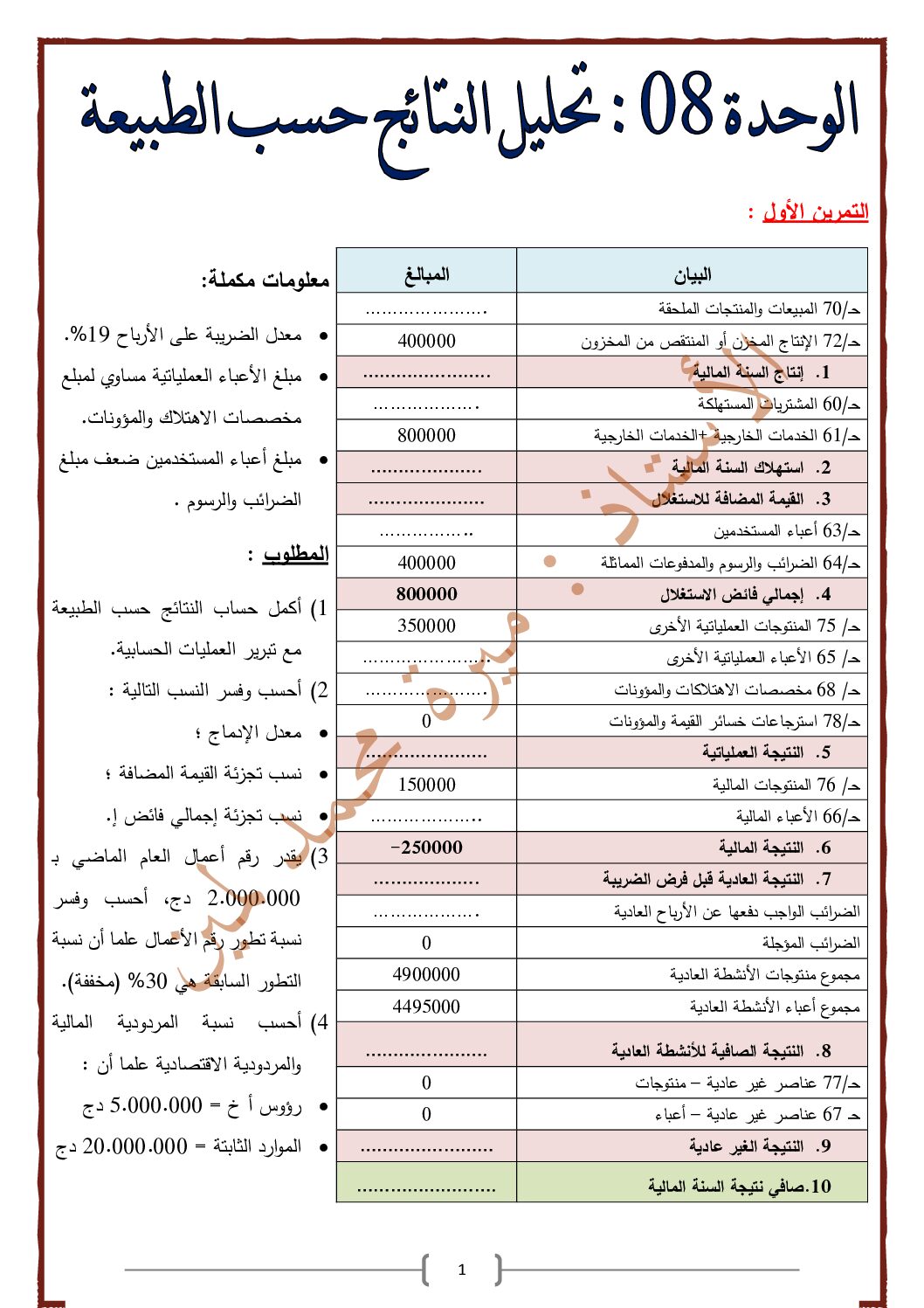 سلسلة تقنيات تحليل النتائج حسب الطبيعة مرفقة بالإجابات للأستاذ ميرة محمد 3 ثانوي