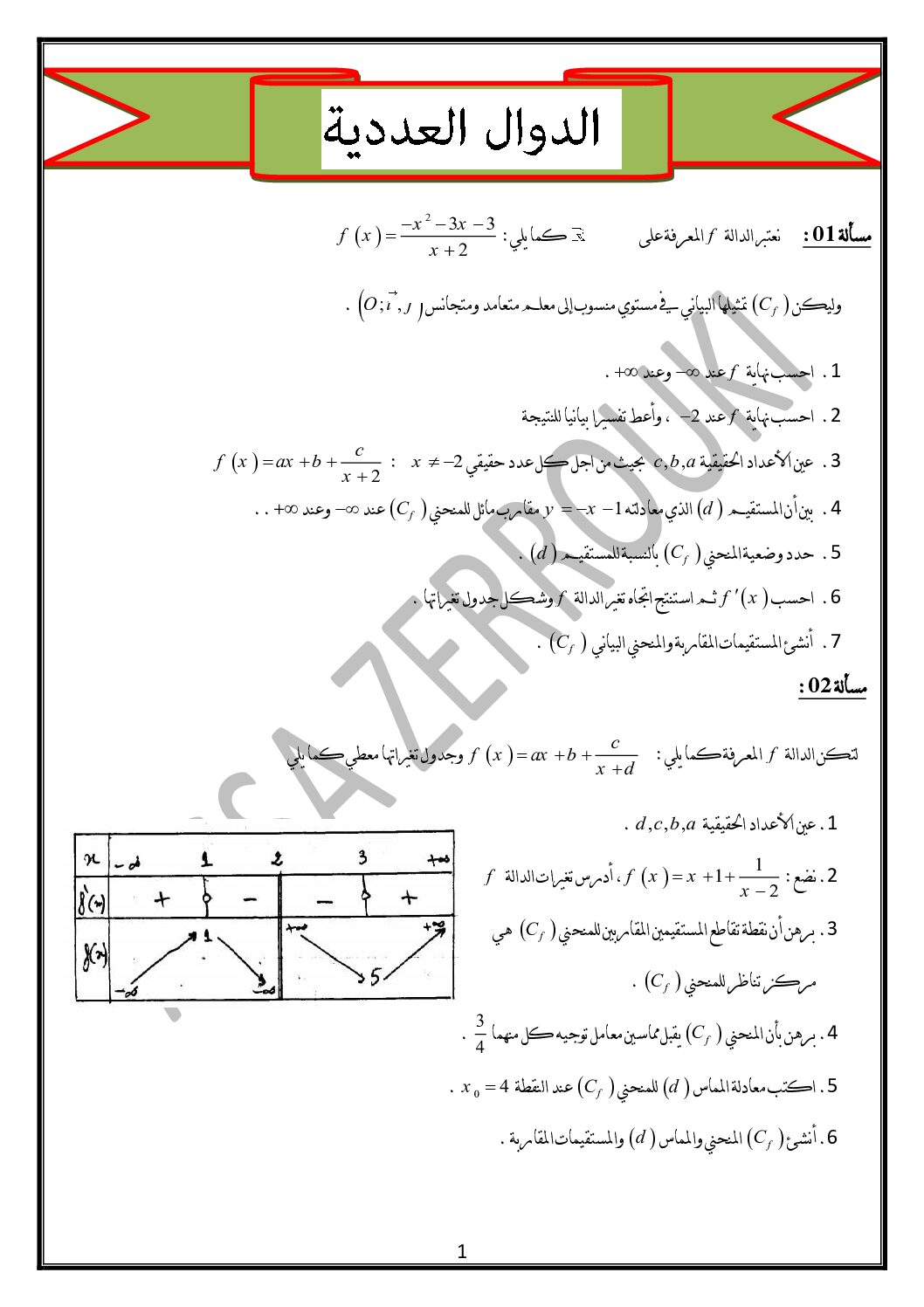 سلسلة تمارين الدوال العددية و الدوال الأسية من إعداد الأستاذ زروقي عيسى 3 ثانوي