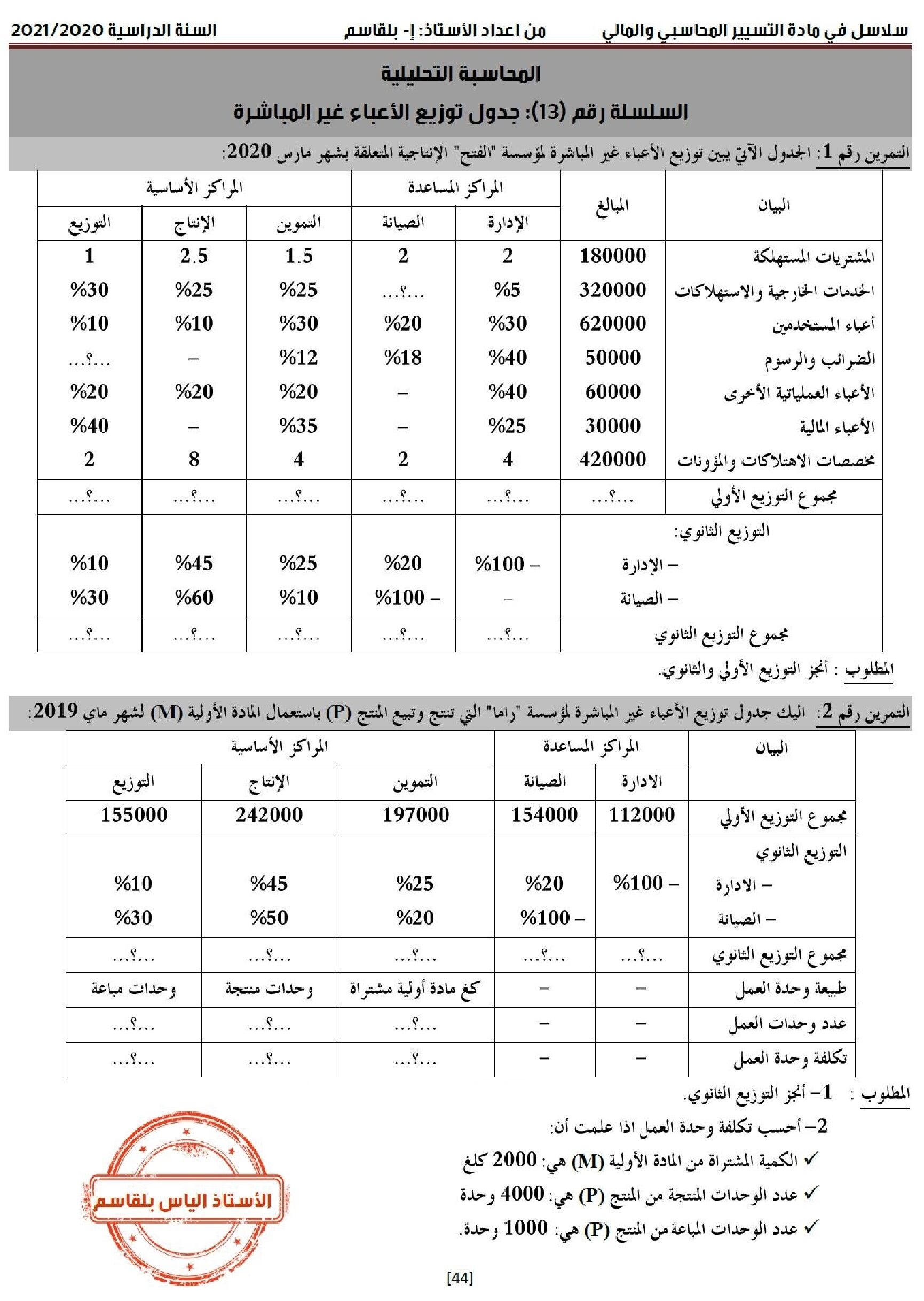 سلسلة تمارين المحاسبة التحليلية وجدول توزيع الأعباء غير المباشرة للأستاذ الياس بلقاسم 3 ثانوي