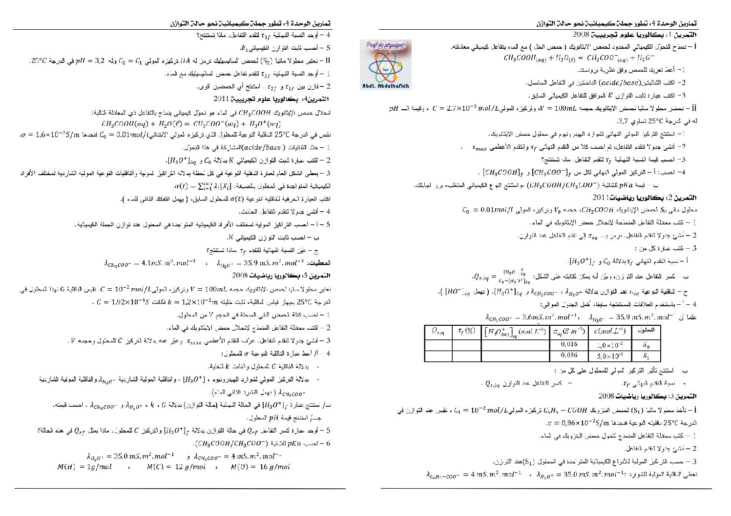 سلسلة تمارين الوحدة 04 تطور جملة كيميائية نحو حالة التوازن للأستاذ عابدي 3 ثانوي