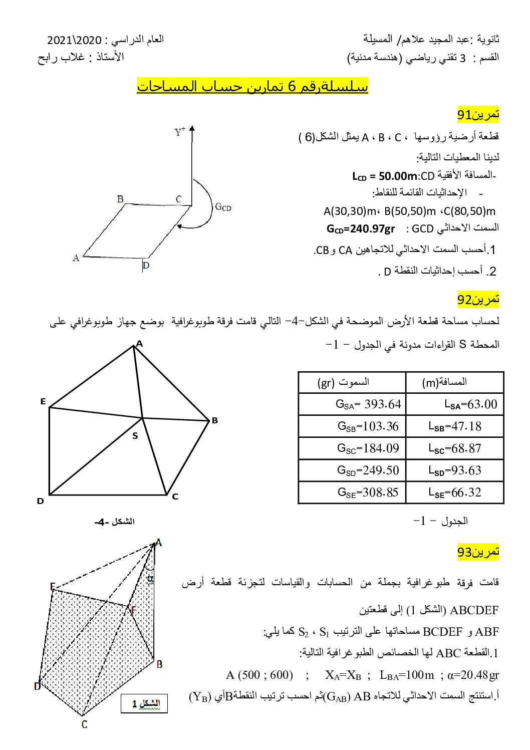 سلسلة تمارين حول حساب المساحات 06 في الهندسة المدنية للاستاذ غلاب رابح 3 ثانوي