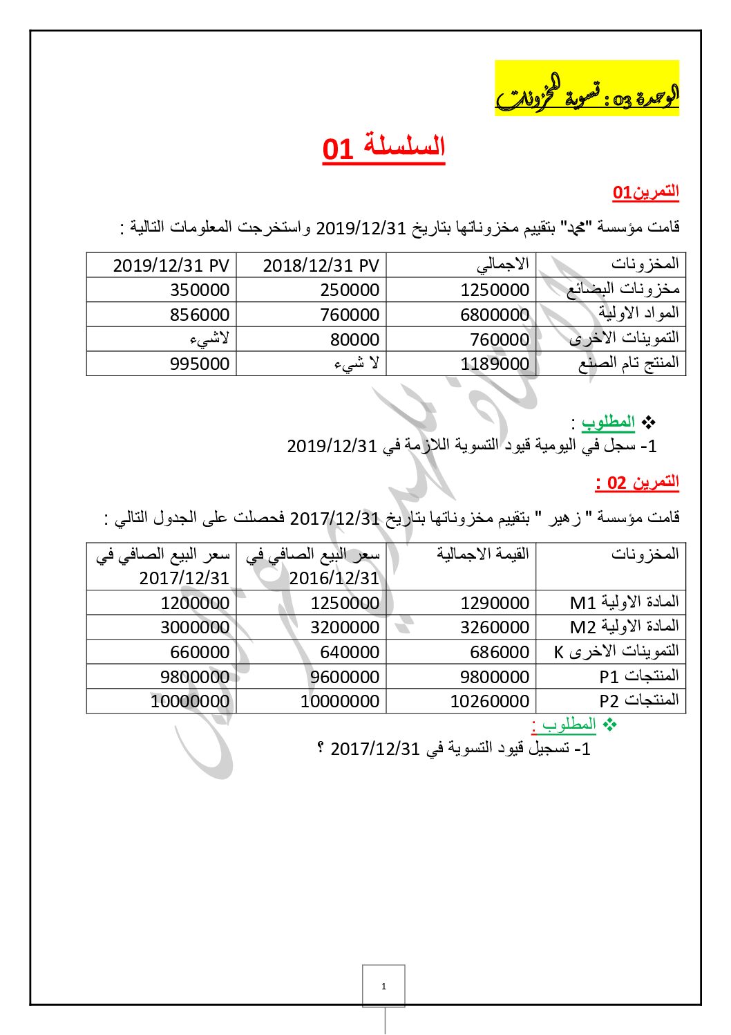 سلسلة تمارين حول وحدة المخزونات في المحاسبة للأستاذ بلهدري عز الدين 3 ثانوي