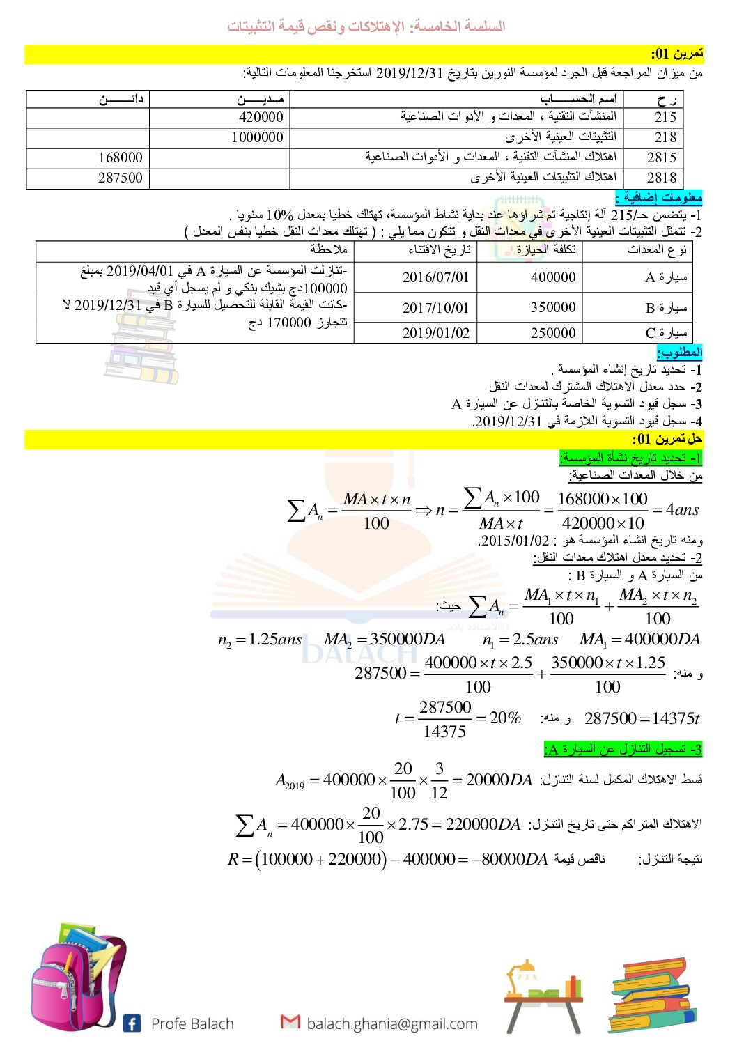سلسلة تمارين وحدة الاهتلاكات و نقص قيمة التثبيتات مع الحل للاستاذة بلاش 3 ثانوي