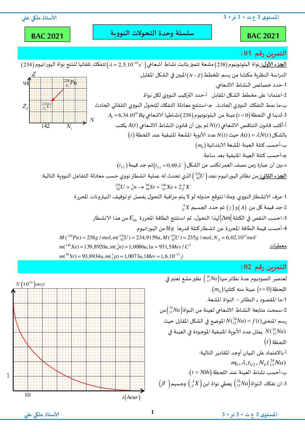 سلسلة تمارين وحدة التحولات النووية مع الحلول في الفيزياء للاستاذ ملكي علي 3 ثانوي