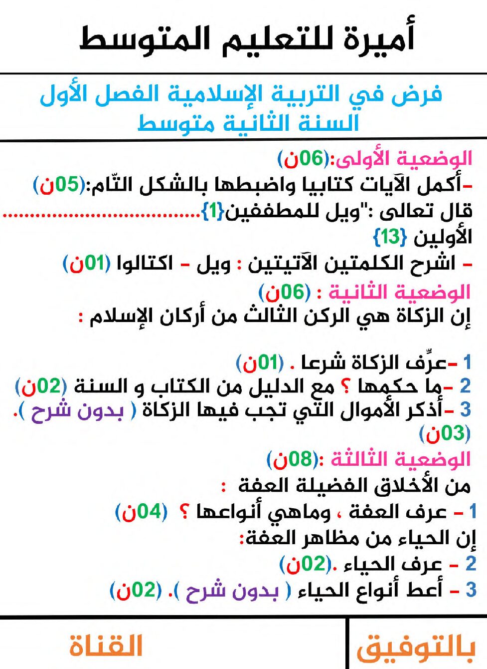 فرض في التربية الإسلامية الفصل الأول السنة الثانية متوسط رقم 22