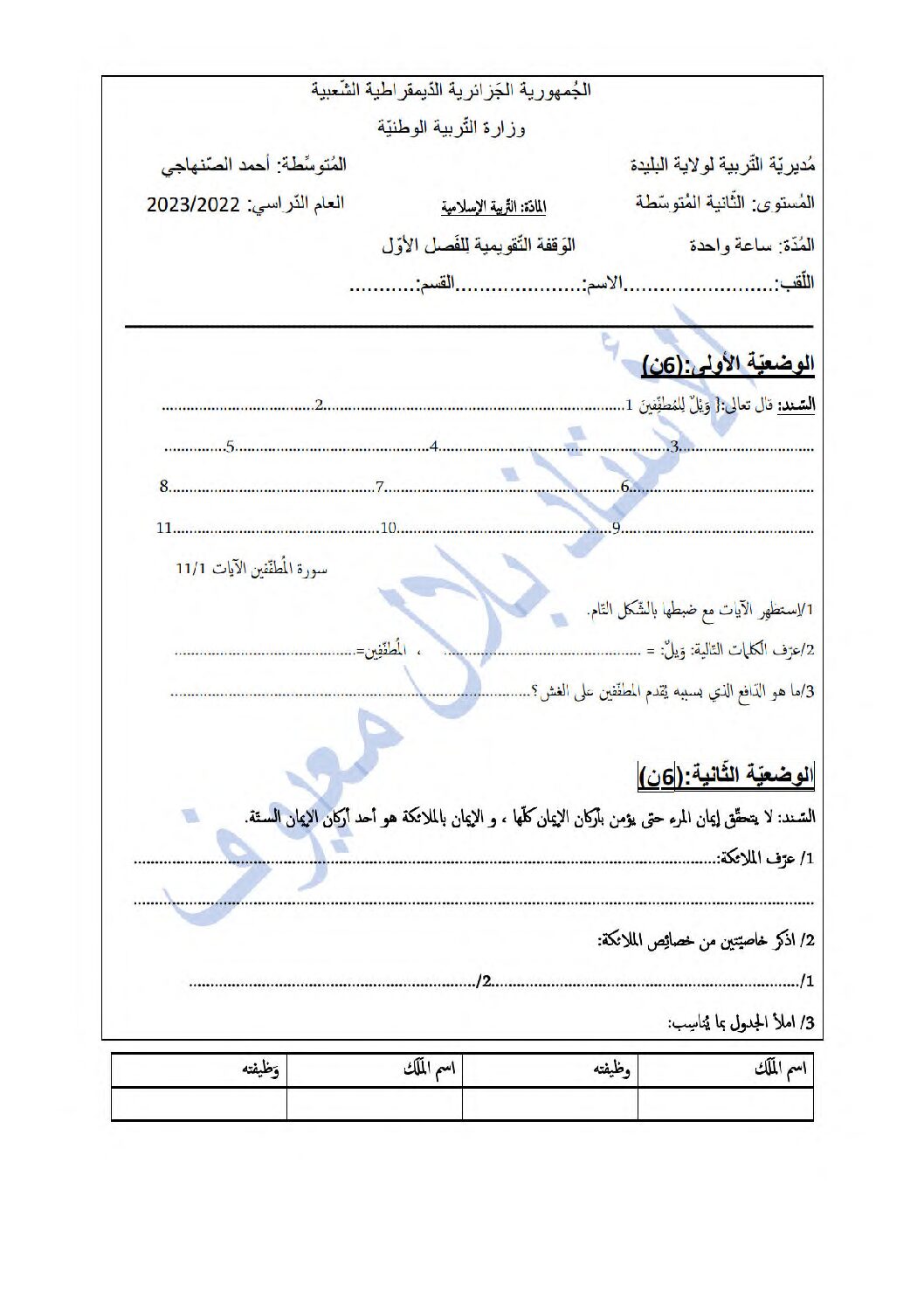 فرض في التربية الإسلامية الفصل الأول السنة الثانية متوسط رقم 23