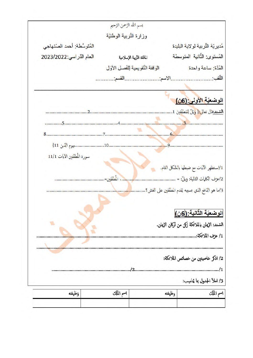 فرض في التربية الإسلامية الفصل الأول السنة الثانية متوسط رقم 24