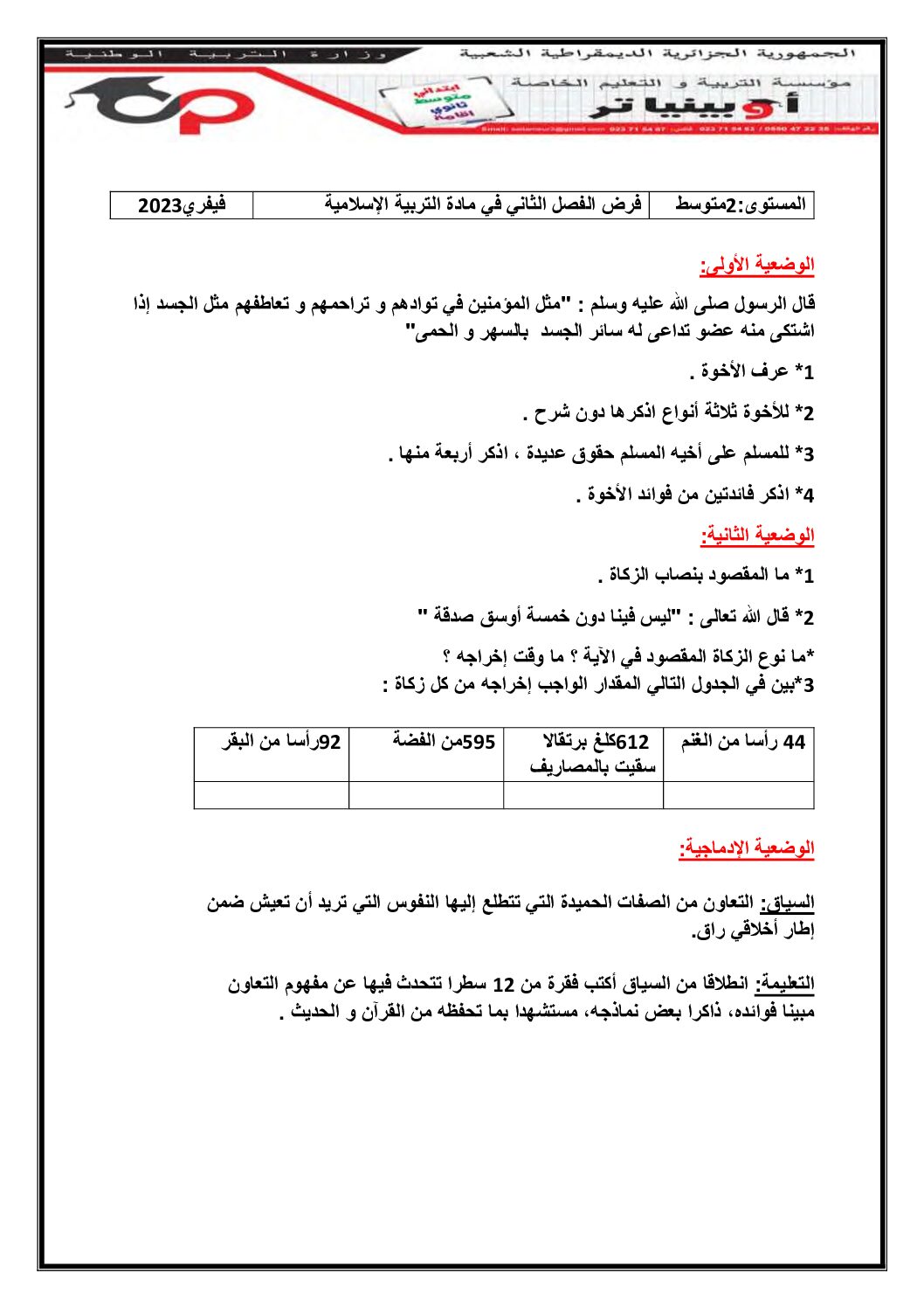 فرض في التربية الإسلامية الفصل الثاني السنة الثانية متوسط رقم 11