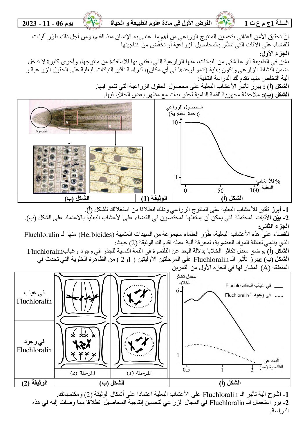 فرض في العلوم الطبيعية الفصل الأول السنة الأولى ثانوي رقم 51 مع التصحيح