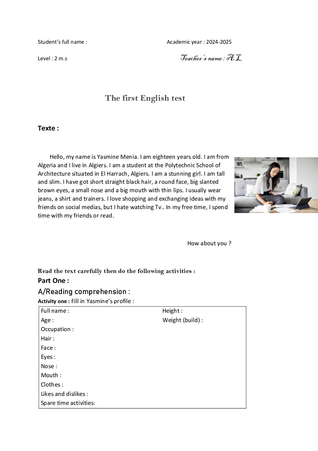 فرض في اللغة الإنجليزية الفصل الأول السنة الثانية متوسط رقم 66
