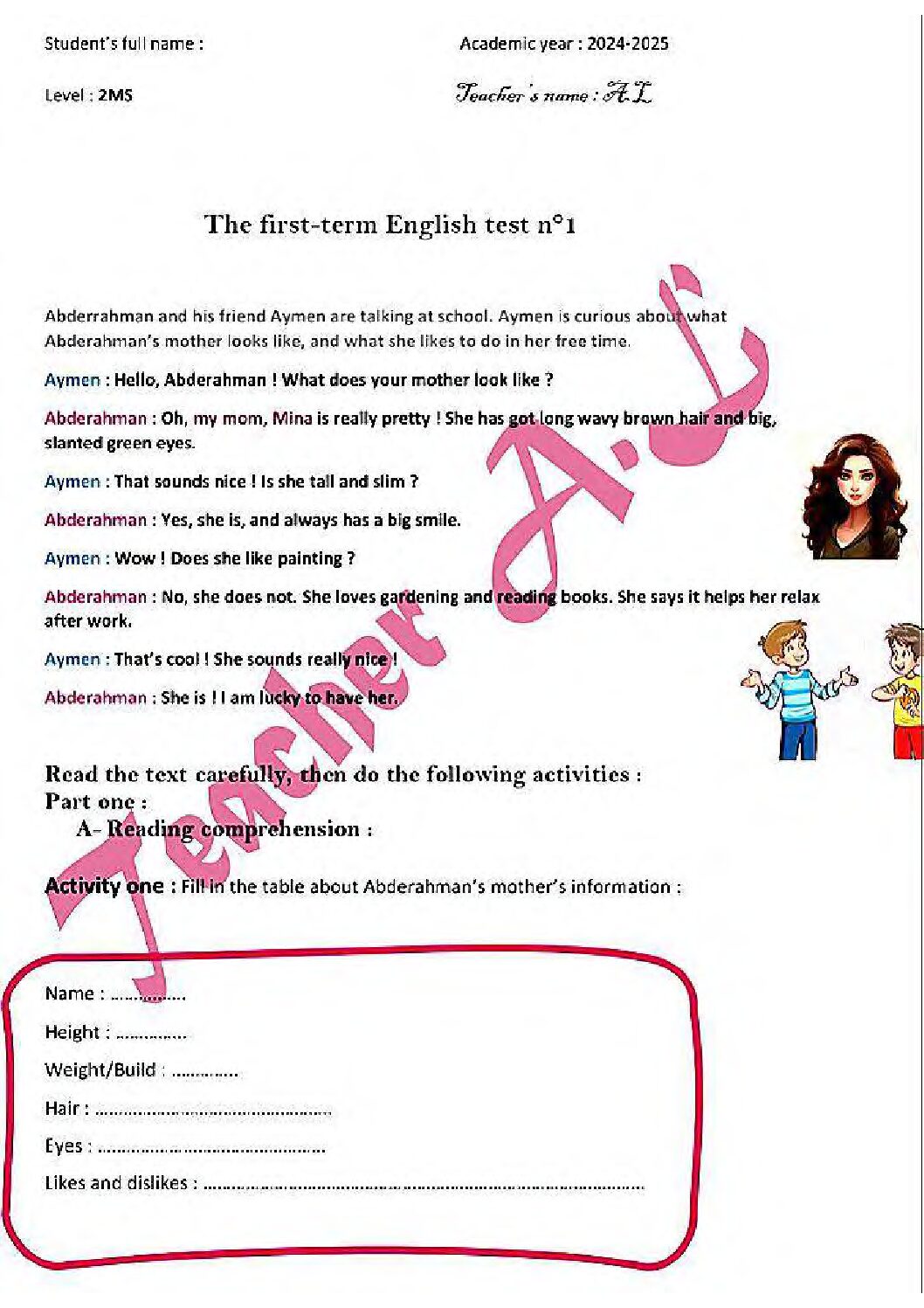 فرض في اللغة الإنجليزية الفصل الأول السنة الثانية متوسط رقم 69 مع التصحيح