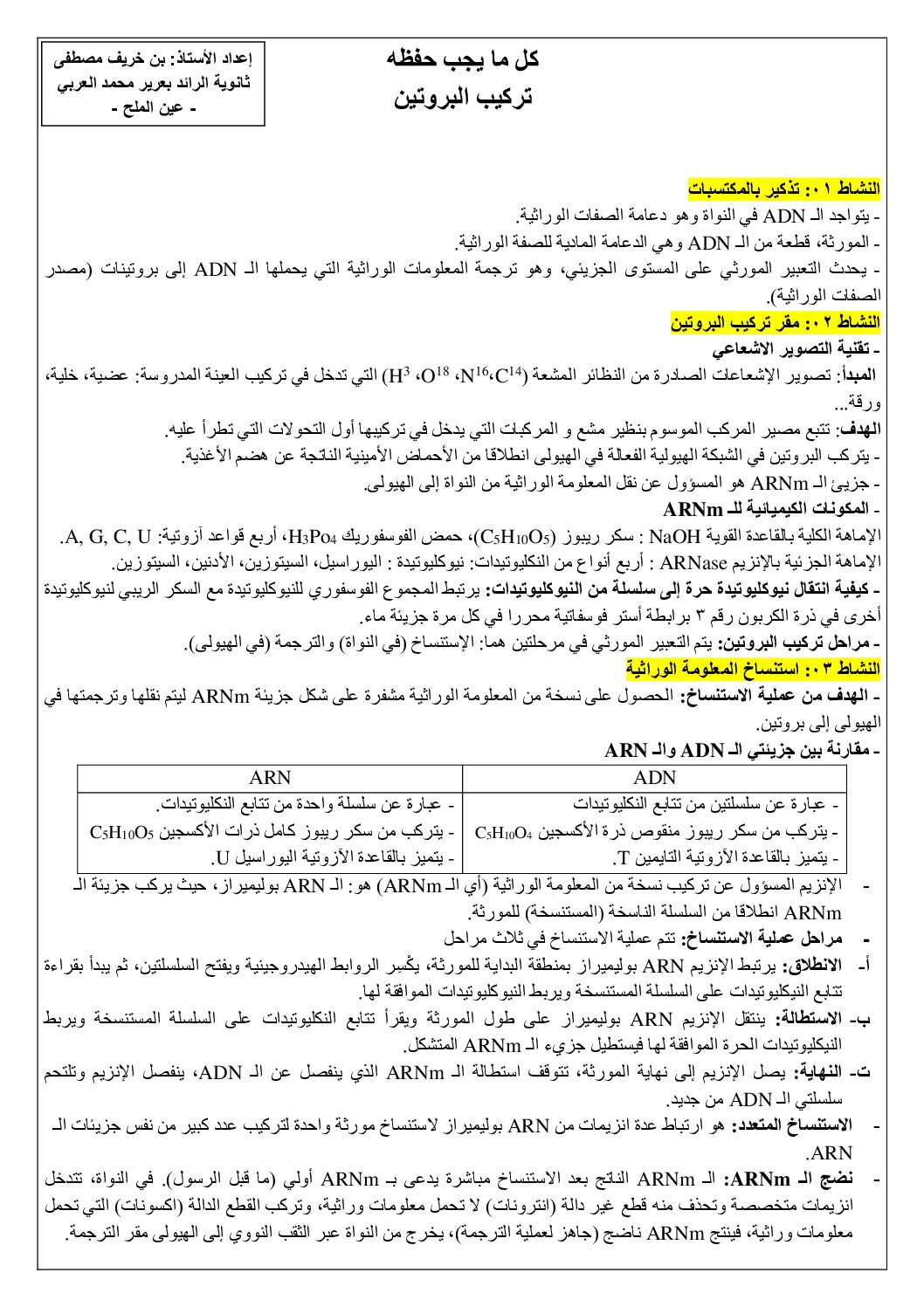 كل ما يجب حفظه في مادة علوم الطبيعة والحياة للأستاذ بن خريف مصطفى 3 ثانوي