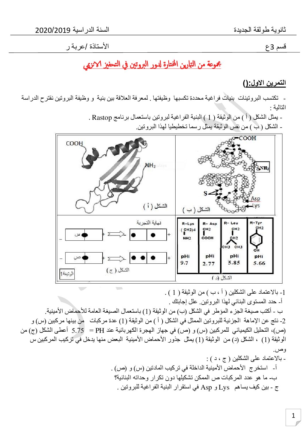 مجموعة من التمارين المختارة لدور البروتينات في التحفيز الانزيمي من ثانوية طولقة الجديدة 3 ثانوي