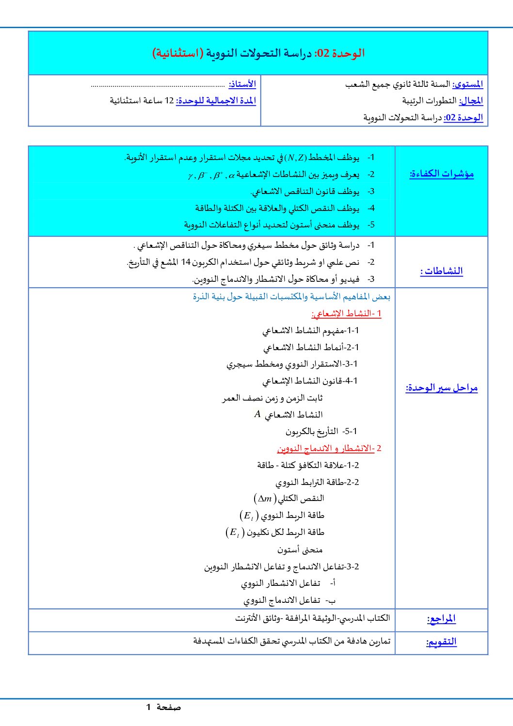 مذكرات الوحدة 02 دراسة التحولات النووية في الفيزياء للأستاذ ملكي علي 3 ثانوي