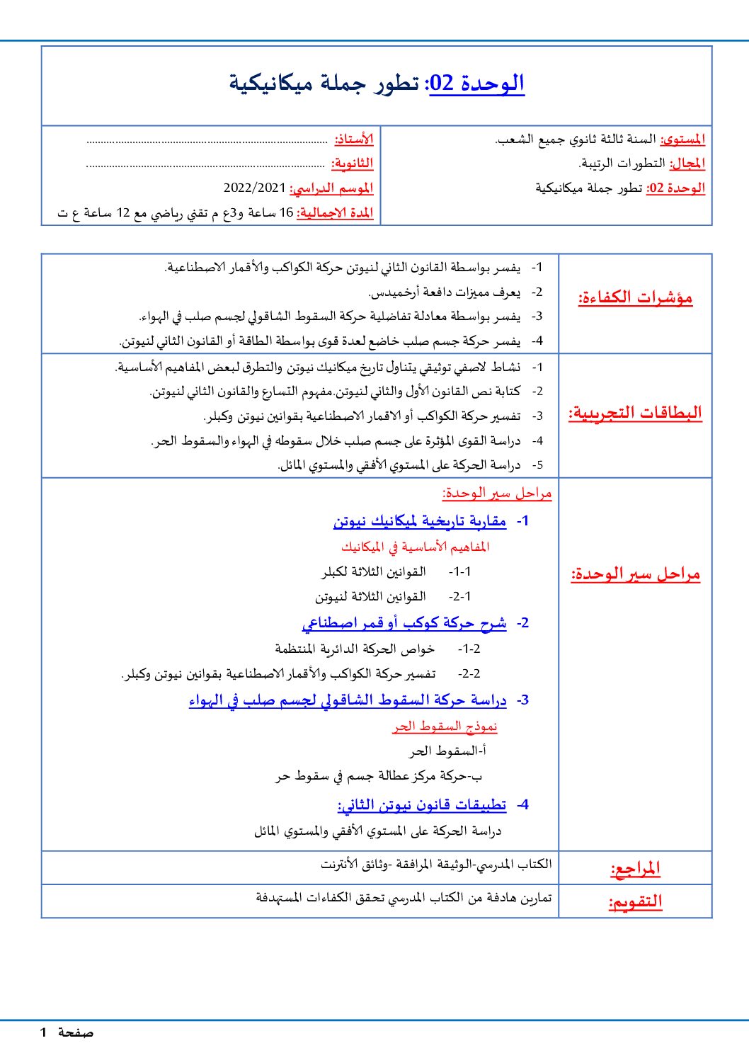 مذكرات الوحدة 05 تطور جملة ميكانيكية في الفيزياء للاستاذ ملكي علي 3 ثانوي
