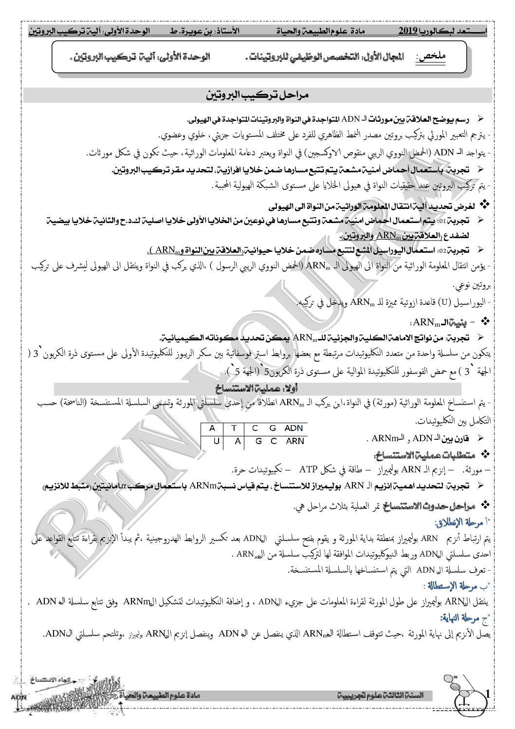 مذكرات وحدة آليات تركيب البروتين للأستاذ بن عويرة 3 ثانوي