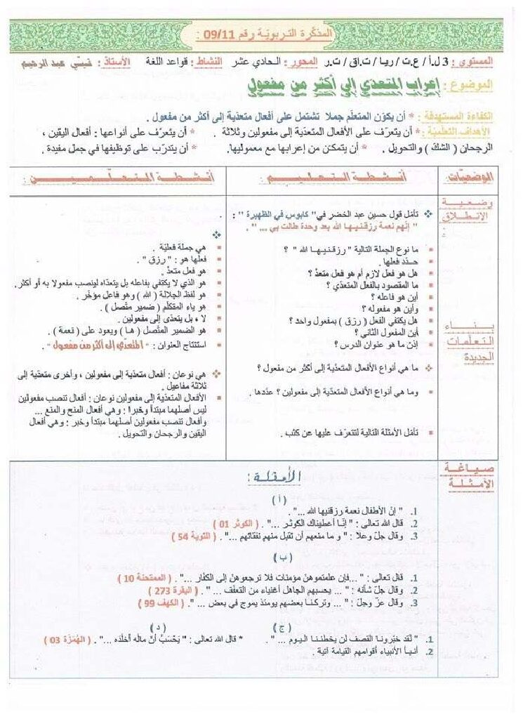 مذكرة المتعدي الى اكثر من مفعول في مادة اللغة العربية و ادابها 3 ثانوي