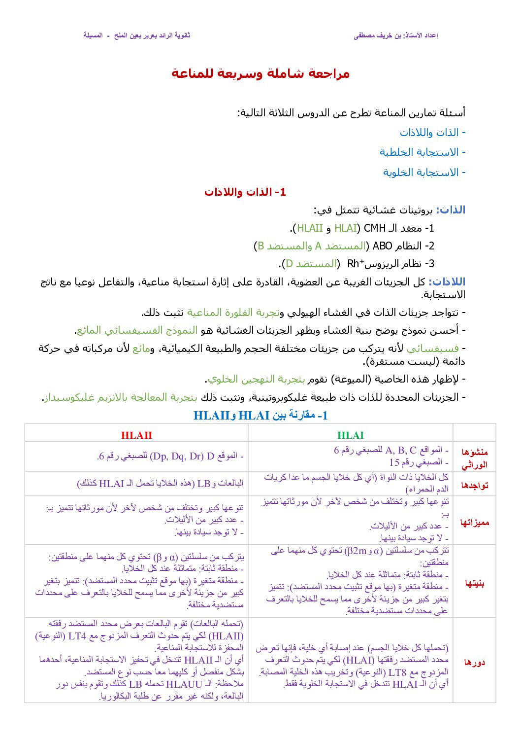 مراجعة شاملة وسريعة للمناعة من إعداد الأستاذ بن خريف مصطفى 3 ثانوي
