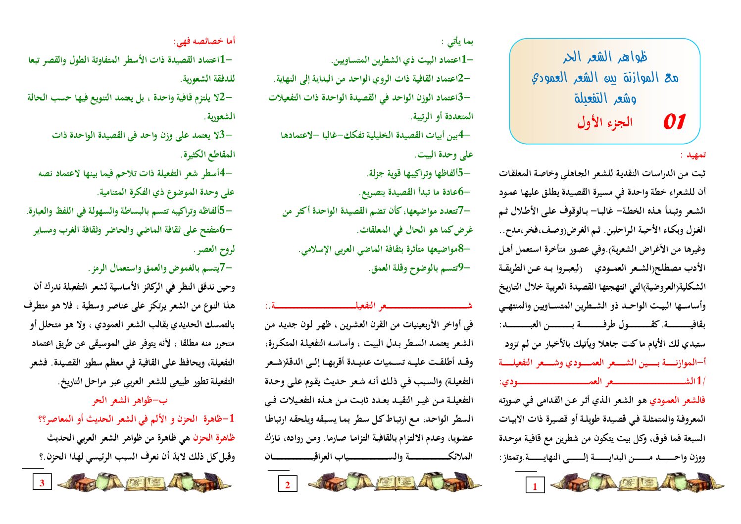 مطويات النصوص و التحليل و النقد ظواهر الشعر الحر و الموازنة بينه و بين الشعر العمودي ج 01