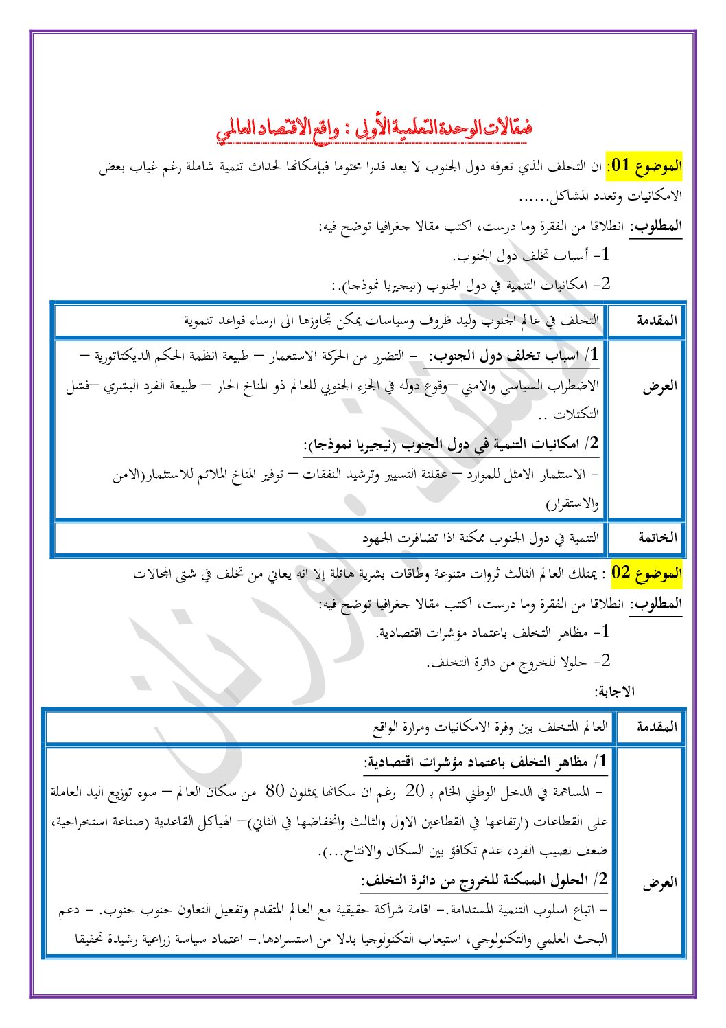 مقالات واقع الاقتصاد العالمي في إمتحانات البكالوريا للاستاذ بورنان 3 ثانوي