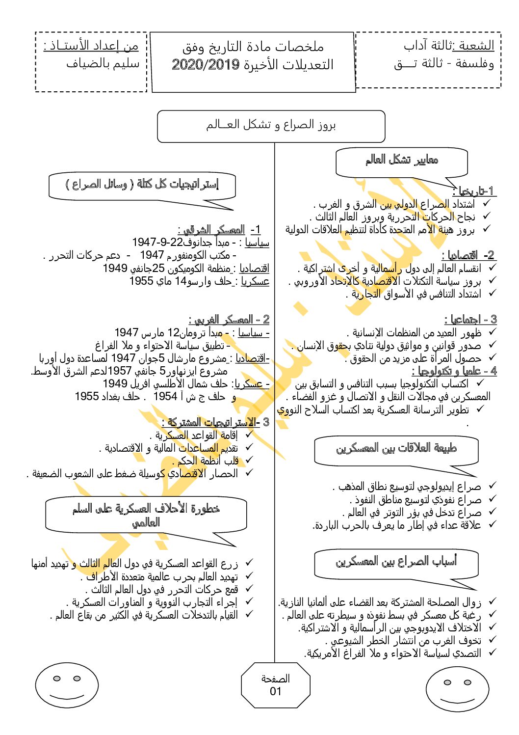 ملخصات دروس التاريخ و الجغرافيا شعبتي آداب وفلسفة وتسيير واقتصاد للأستاذ سليم بالضياف 3 ثانوي
