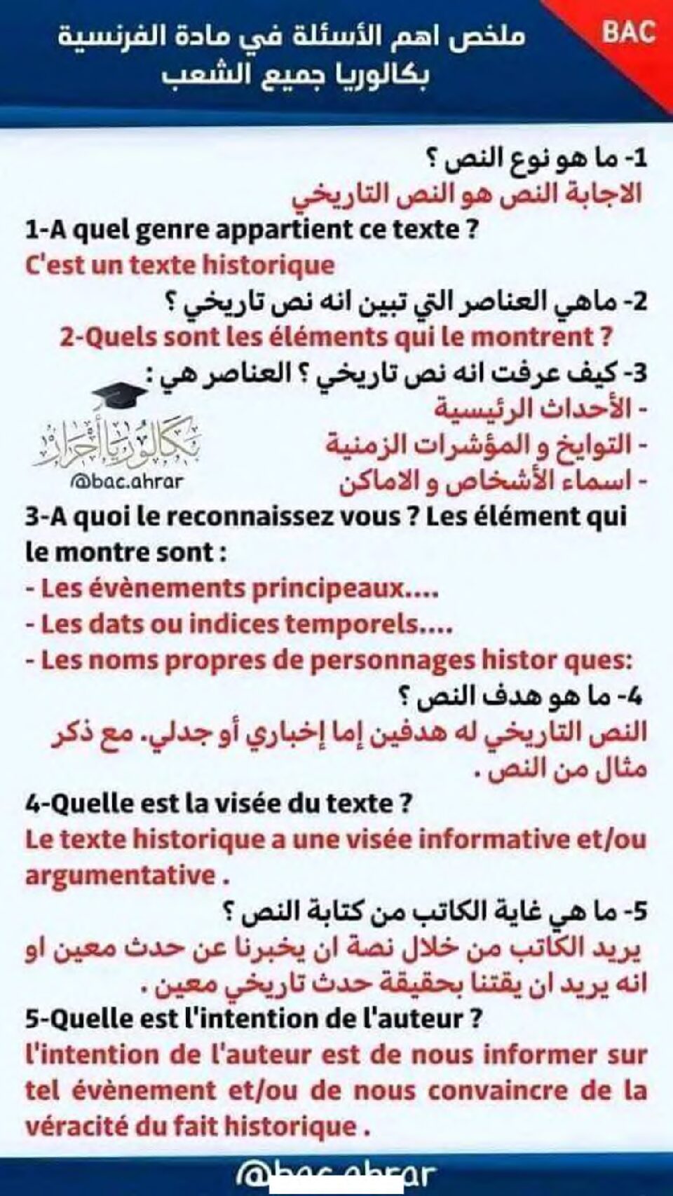 ملخص أهم الأسئلة في مادة الفرنسية لجميع شعب البكالوريا 3 ثانوي