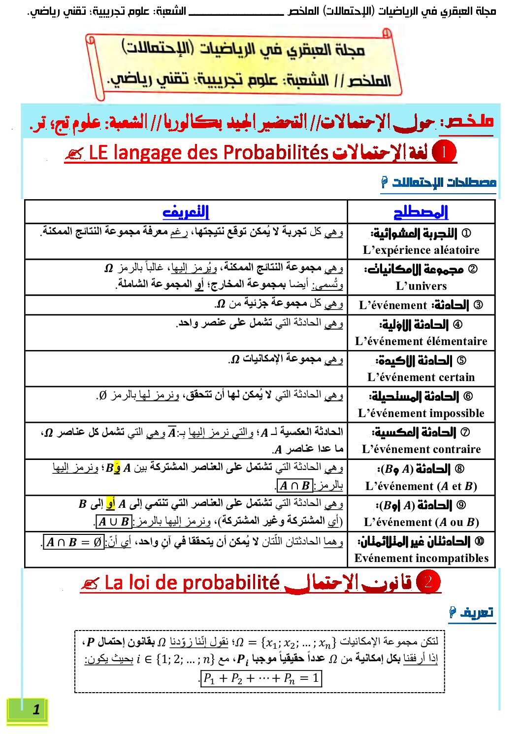 ملخص الاحتمالات في الرياضيات للشعب العلمية من مجلة العبقري 3 ثانوي