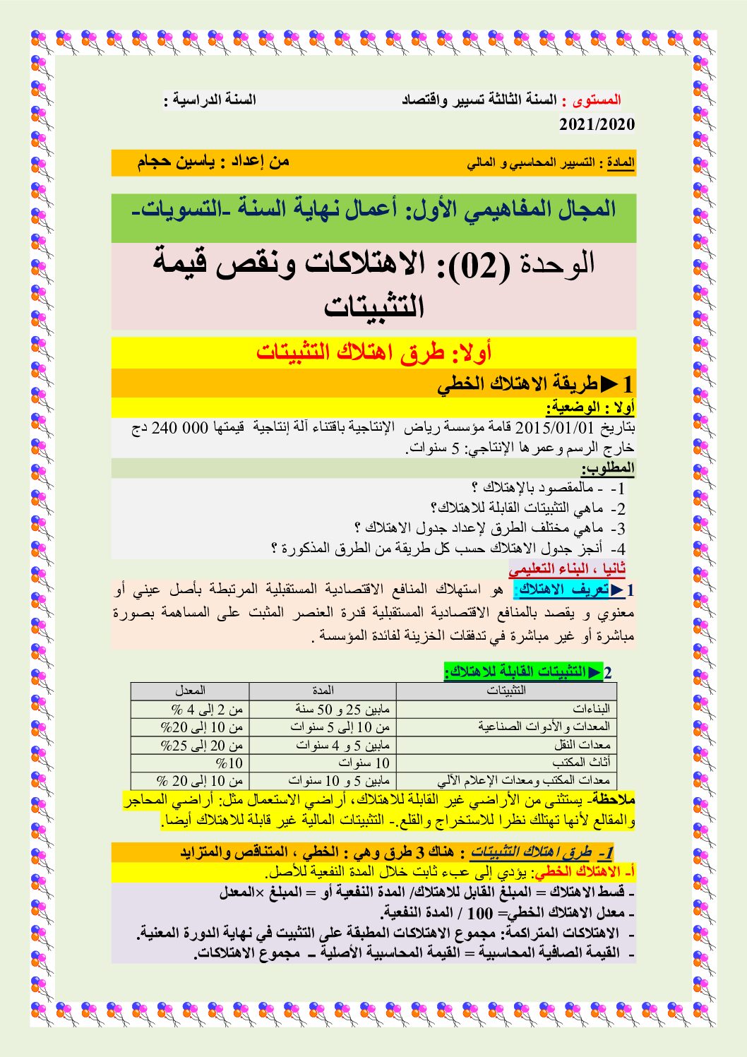 ملخص الاهتلاكات و نقص قيمة التثبيتات في المحاسبة للأستاذ حجام ياسين 3 ثانوي