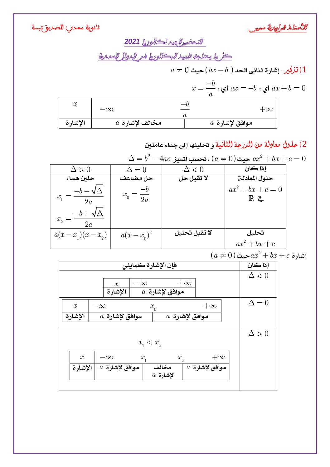 ملخص الدوال العددية مرفق بمجموعة من المسائل لتلاميذ البكالوريا للأستاذ قرايدية سمير 3 ثانوي