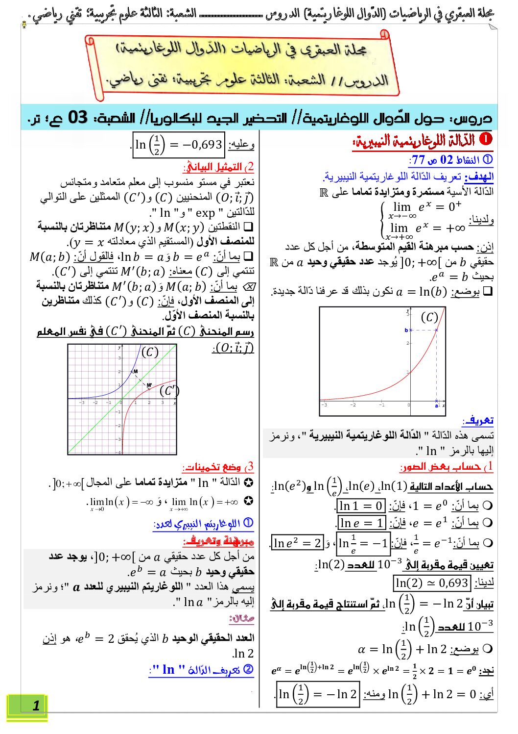 ملخص الدوال اللوغاريتمية أنشطة و تمارين محلولة من مجلة العبقري 3 ثانوي