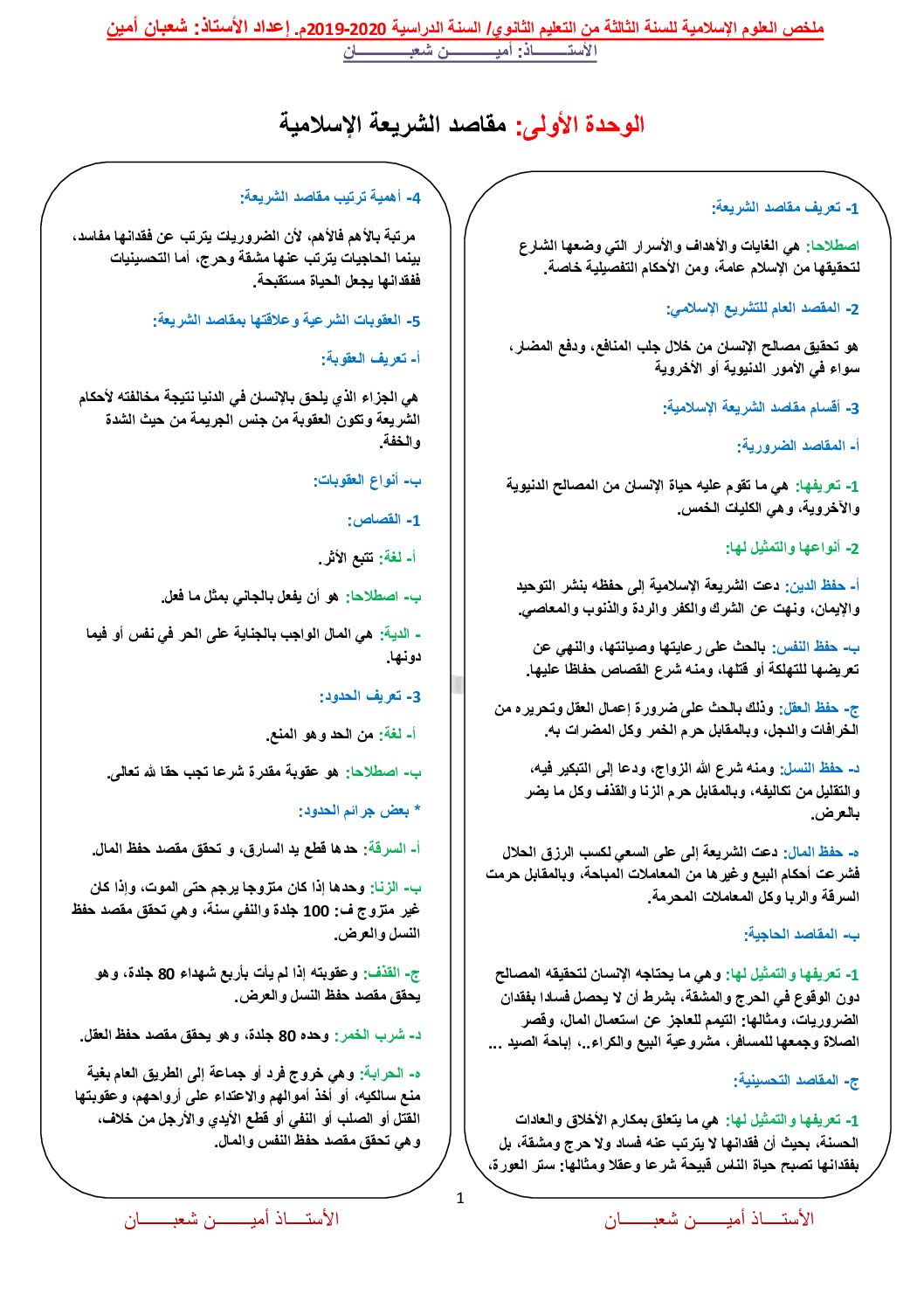ملخص العلوم الاسلامية للاستاذ امين شعبان 2020 3 ثانوي