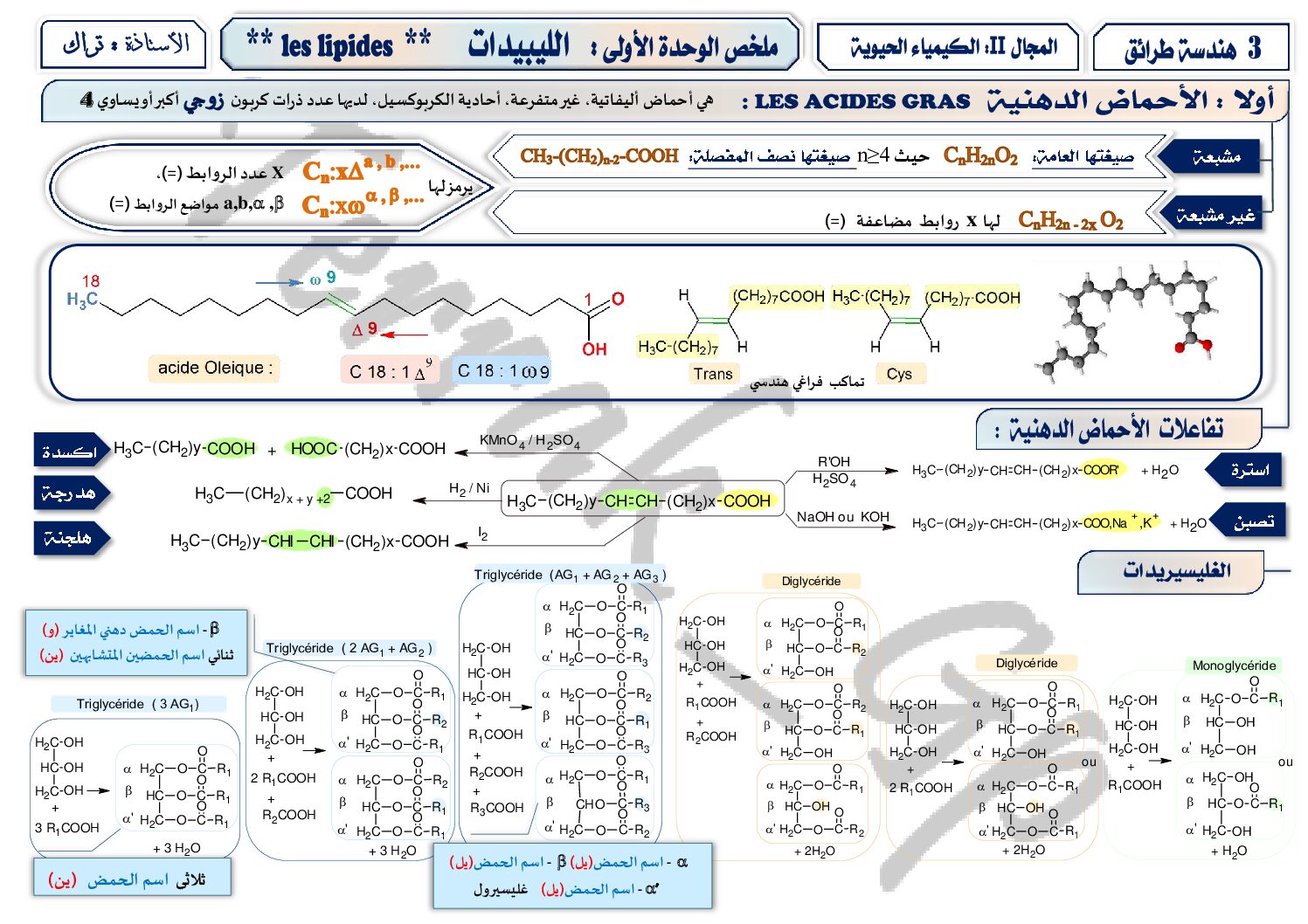 ملخص الوحدة الأولى الليبيدات قرائن في هندسة الطرائق للأستاذ تراك 3 ثانوي