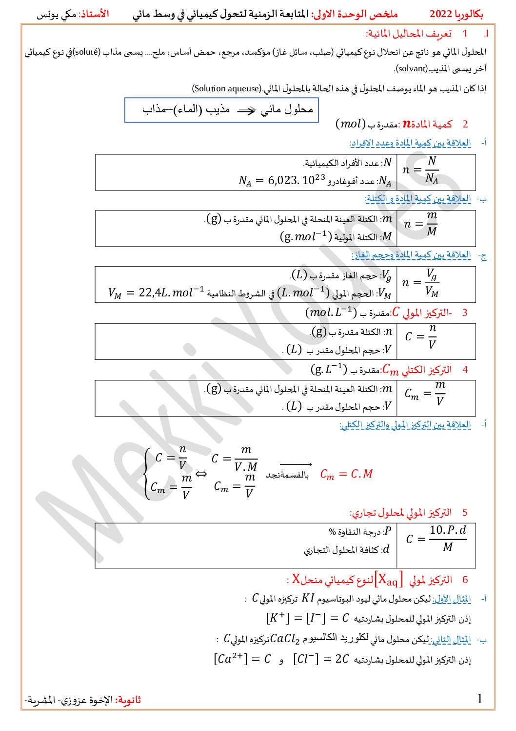 ملخص الوحدة 01 المتابعة الزمنية لتحول كيميائي في وسط مائي للاستاذ مكي يونس 3 ثانوي