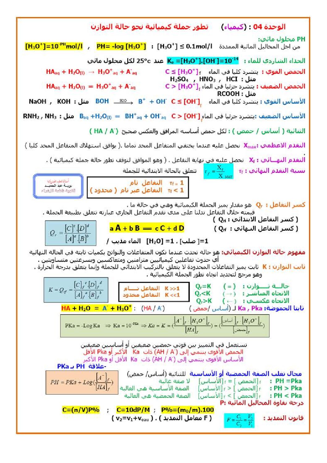 ملخص الوحدة 04 تطور جملة كيميائية نحو حالة التوازن في الفيزياء 3 ثانوي