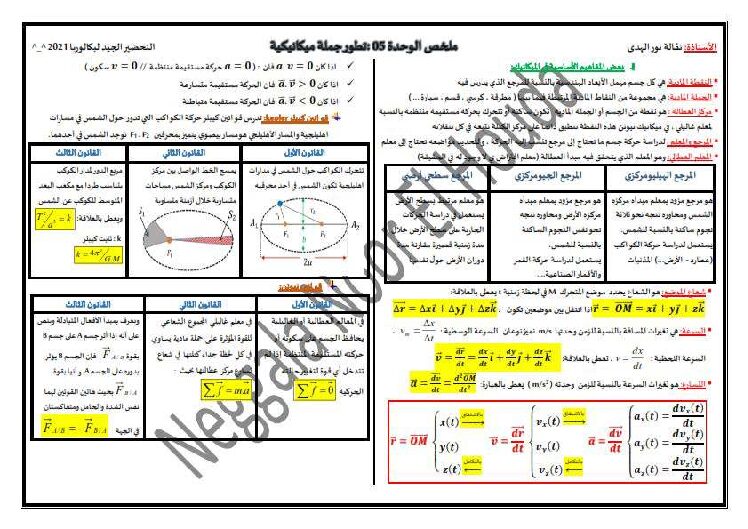 ملخص الوحدة 05 تطور جملة ميكانيكية للاستاذة نقالة نور الهدى 3 ثانوي